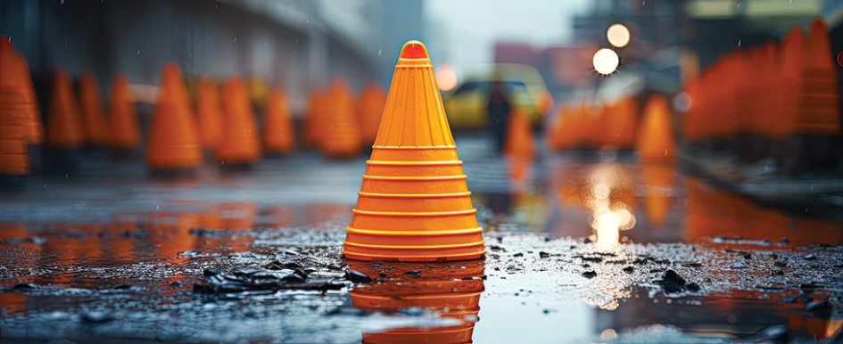 Orange cone in puddle 