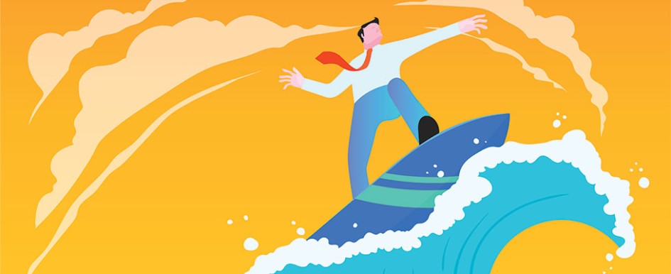 A man wearing dress pants, a dress shirt and tie is surfing a large wave on a surfboard