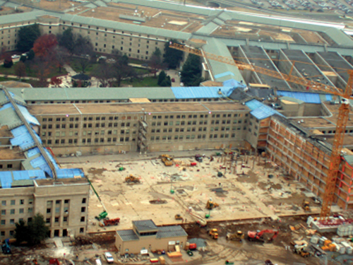 Aerial view of the Phoenix Project work area, cleared and under early reconstruction