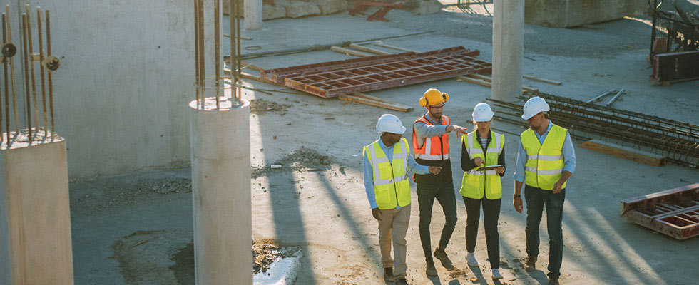Four individuals are on a construction site. One holds a tablet; two are pointing. All four wear hardhats and bright safety vests.
