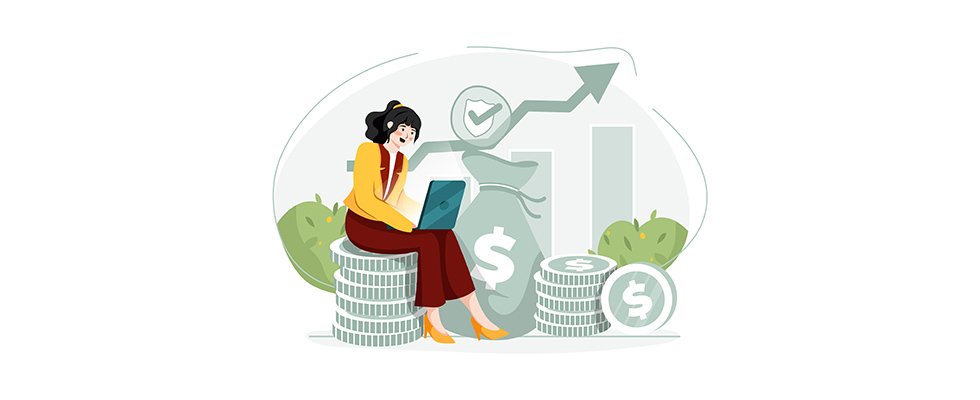 Illustration of woman beside large stacks of money
