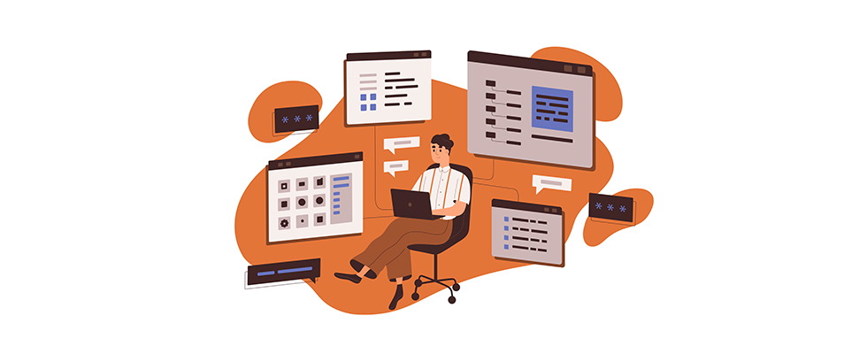 Illustration of person sitting in front of four computer monitors 
