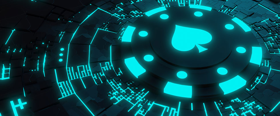 Casino chip on neon technological background