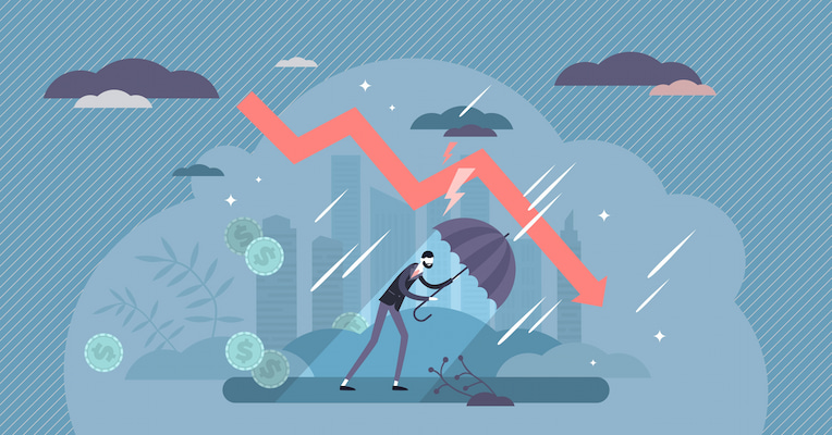 Illustration of man holding umbrella against storm of coins 
