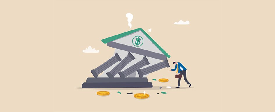 Illustration of bank collapsing while businessperson looks at coins on ground