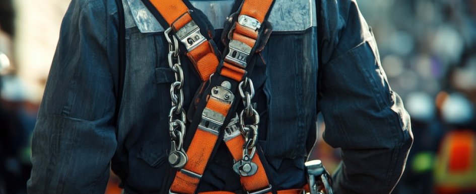 back of construction worker with fall protection gear
