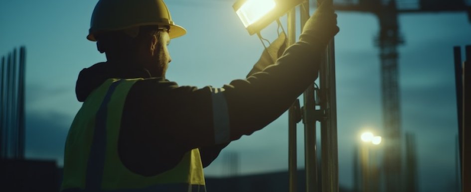 construction worker adjusting onsite lighting