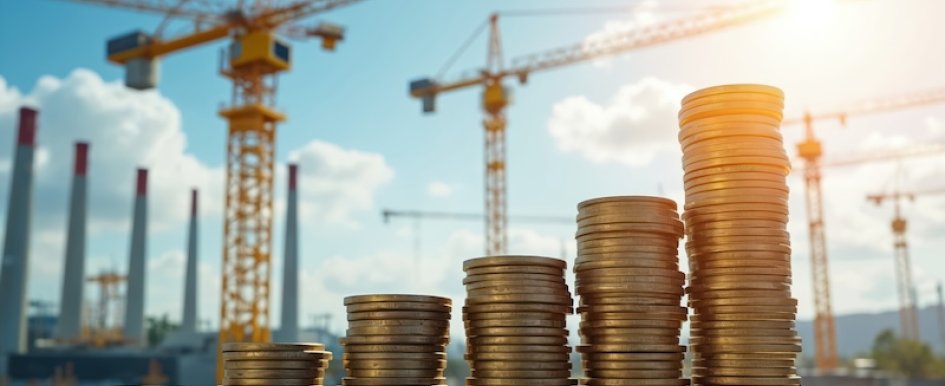 stacks of coins in front of crane work onsite