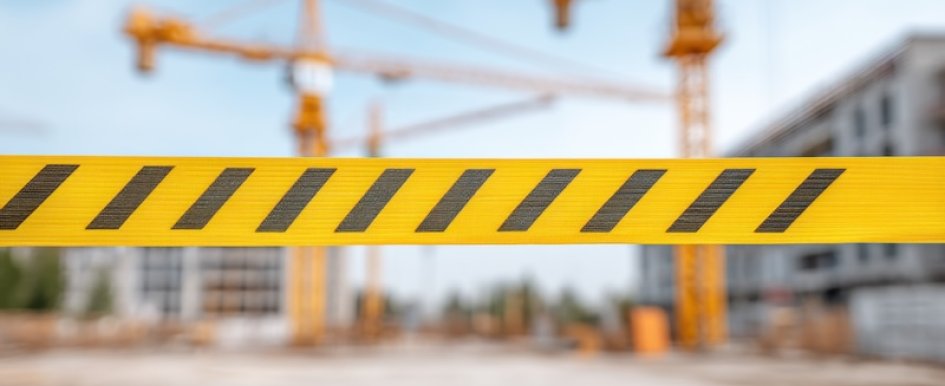 Construction site blocked by yellow caution tape
