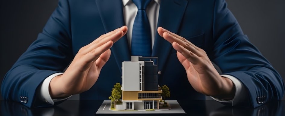 business man shielding a construction model with his hands