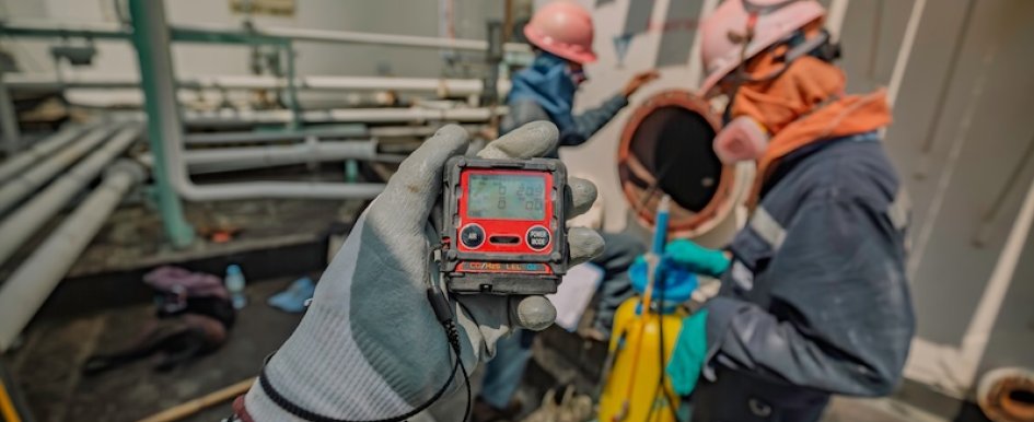 Worker monitoring gas levels in confined space
