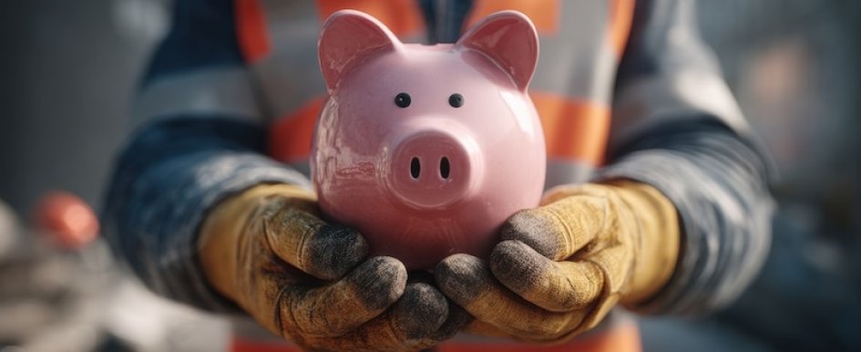 construction worker holding a piggy bank