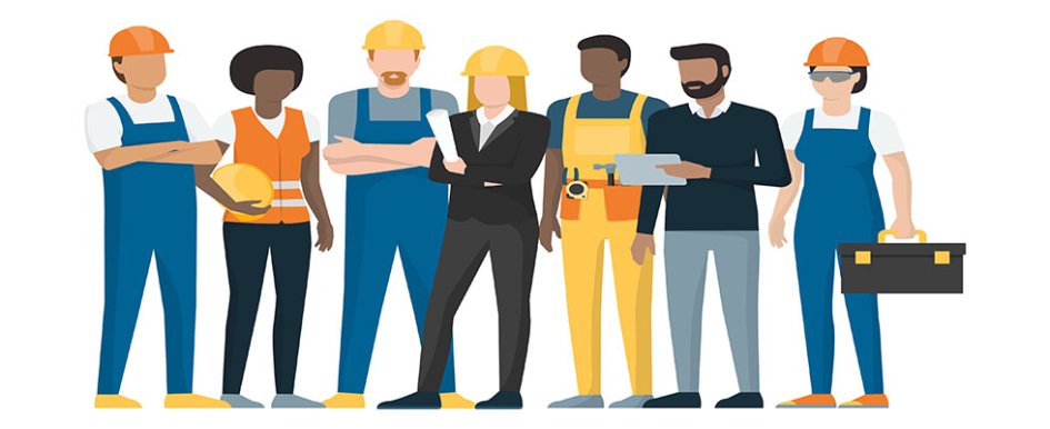 Illustration of construction workers and executives