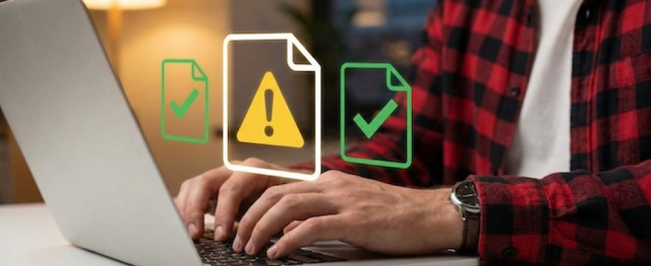 Man reviewing documents with warning icon and checkmarks 