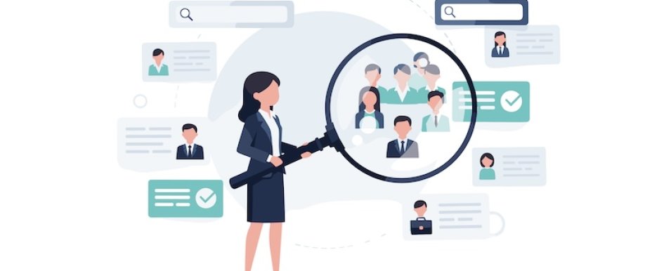 business woman looking at resumes under magnifying glass