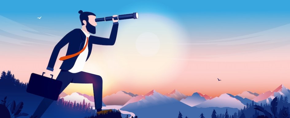 Illustration of businessman looking through telescope/Adobe Stock
