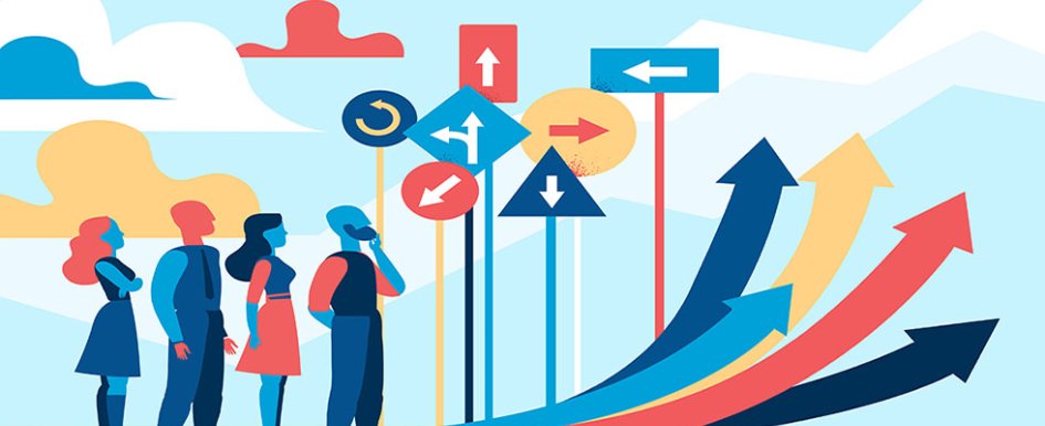 Illustration of people looking at different signs and arrows in different directions/Adobe Stock