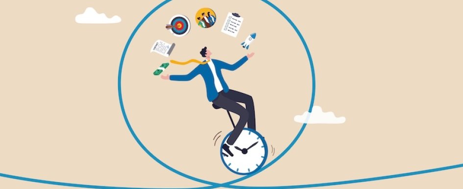 businessman balancing on clock, juggling project management elements