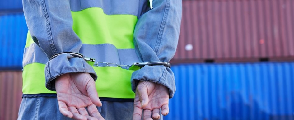 Construction worker in handcuffs to indicate employee theft 