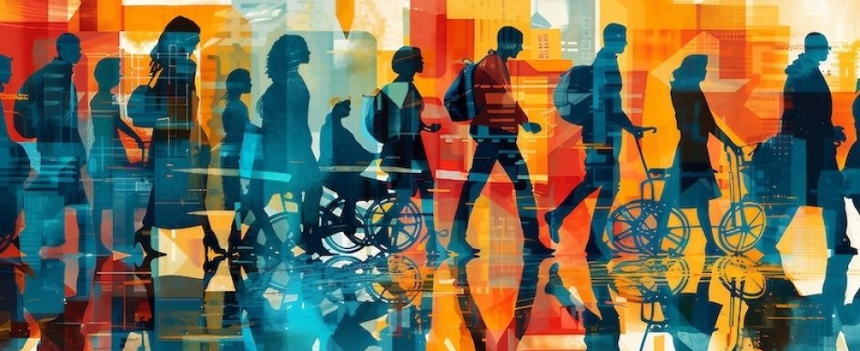 Illustration of diverse people walking in city