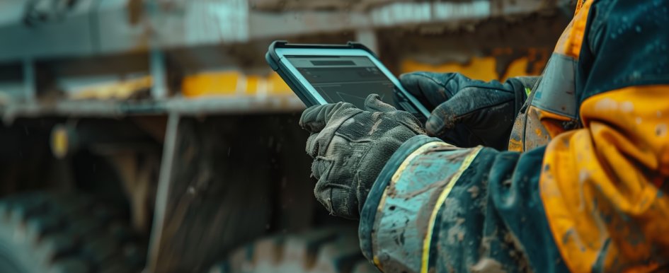 Construction worker using tablet outdoors