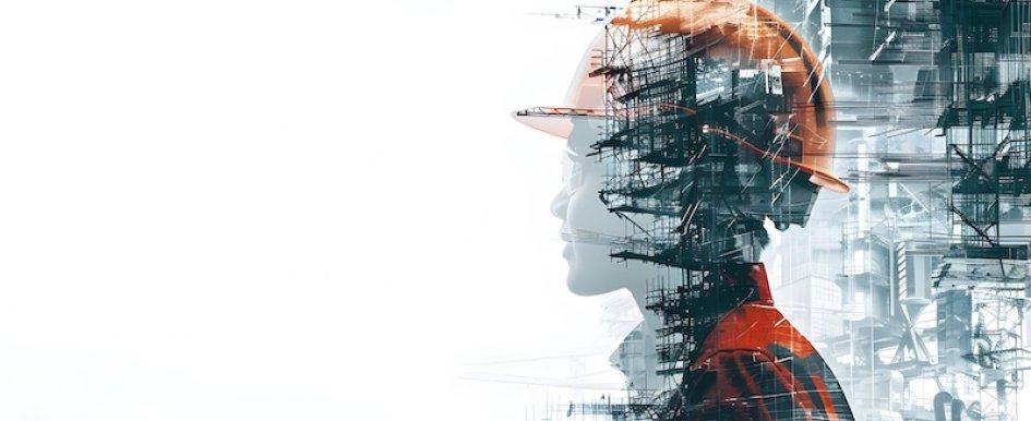 Construction worker silhouette with industrial structures