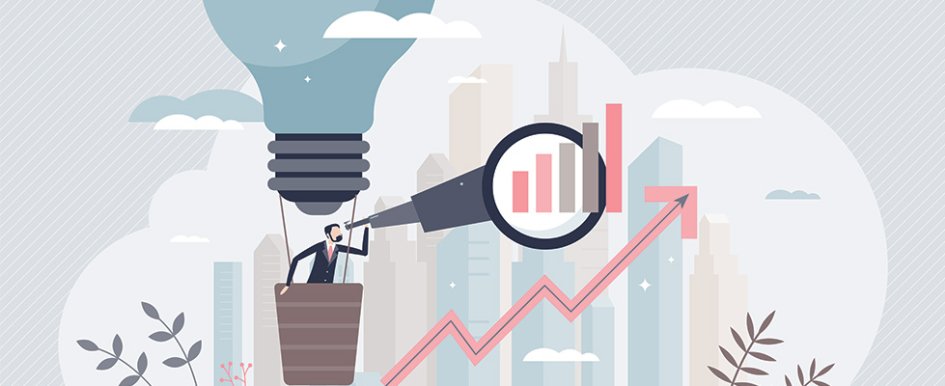 Illustration of man in hot air balloon using magnifying glass at bar graph and upward trending arrow