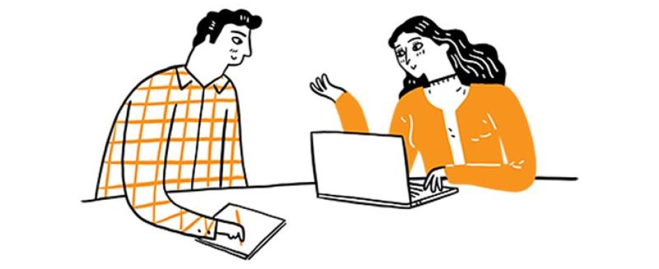 Illustration of two people talking and taking notes