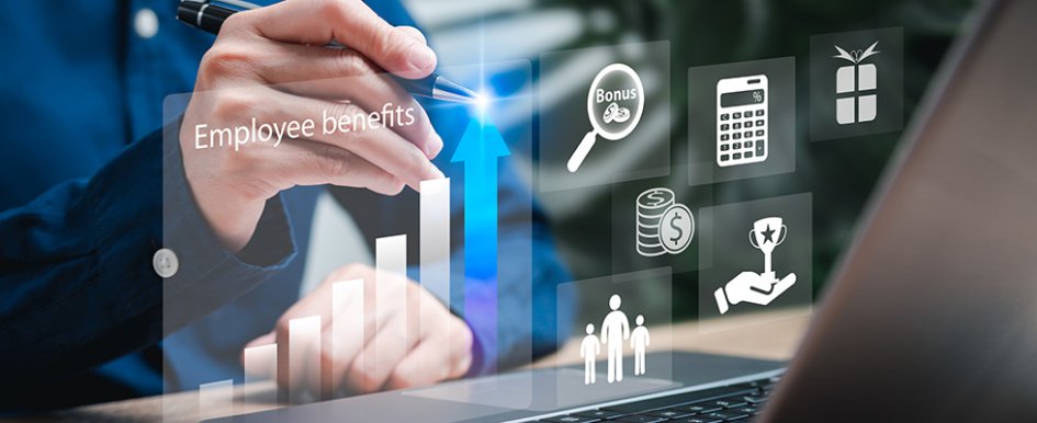 Person tapping screen that says employee benefits/Adobe Stock