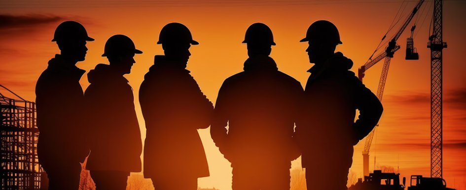 silhouette of five construction workers in hardhats during sunset