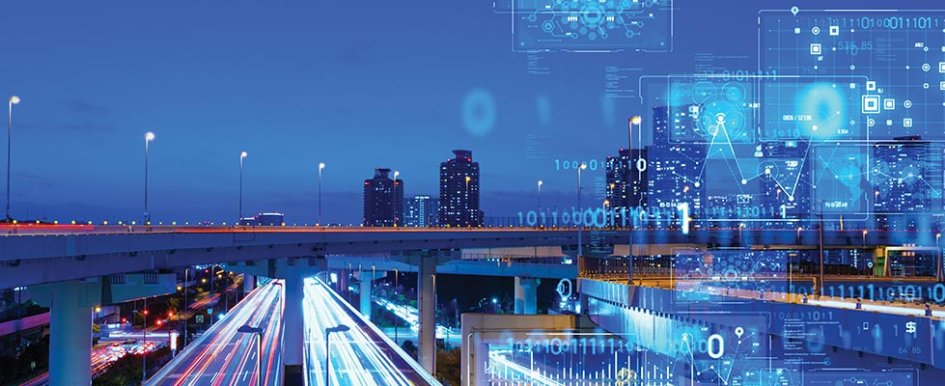 Tech symbols over interstate to illustrate telematics in fleet safety