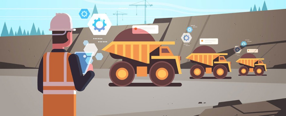 An illustration shows an individual on a worksite, holding a tablet, and three dump trucks in front of them