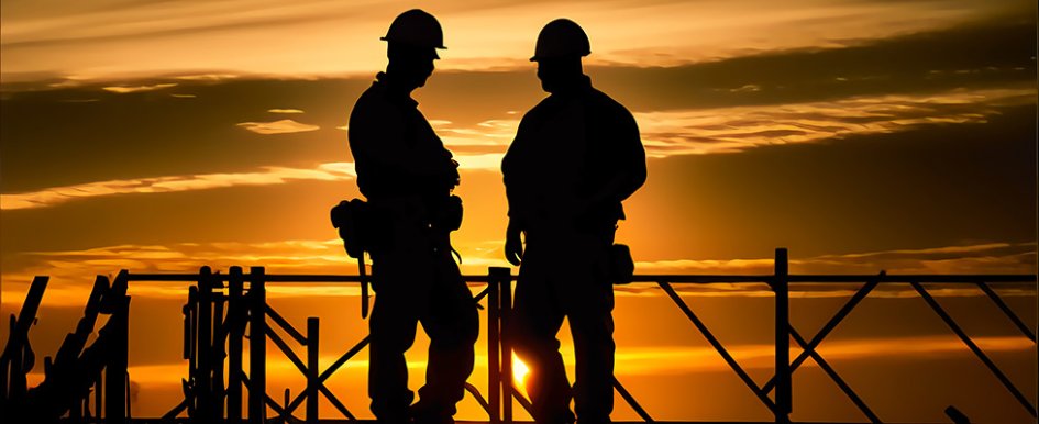 Two construction workers silhouetted against orange sky