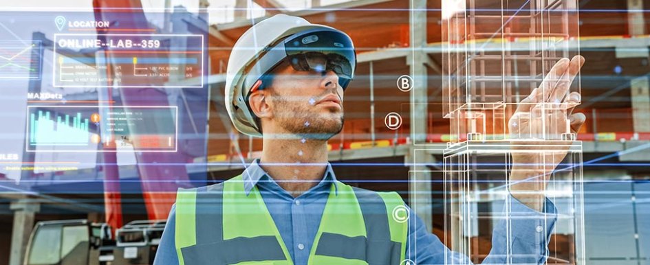Image of man in construction gear with tech illustration overlaid 