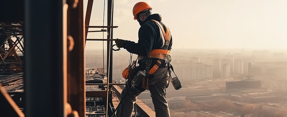 Construction worker on tall scaffolding with city in background