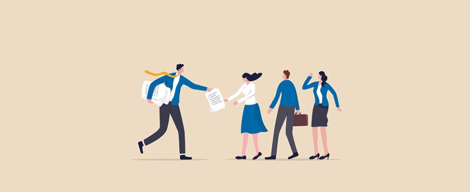 Illustration of rushing man handing out papers to office workers