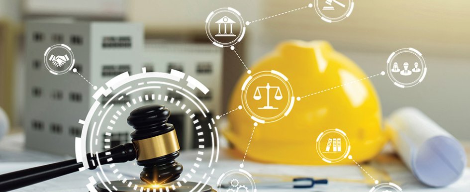 Gavel with illustration of symbols over it, hard hat in back/Adobe Stock