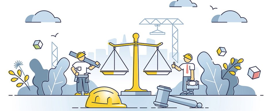 illustration of scales of justice on construction site to illustrate construction law