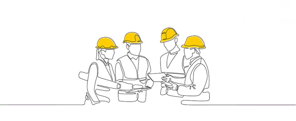 Illustration of 4 workers in vests & hardhats holding blueprints and talking