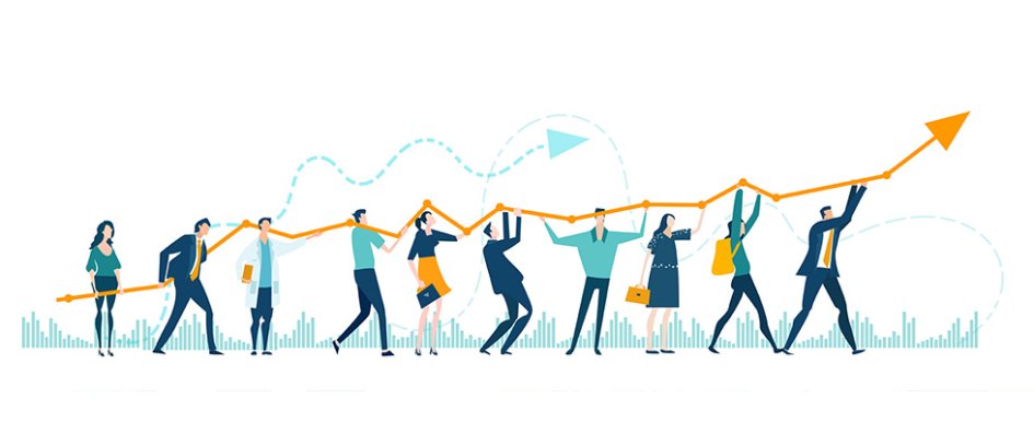 Illustration of people in single-file line holding an upward trending arrow