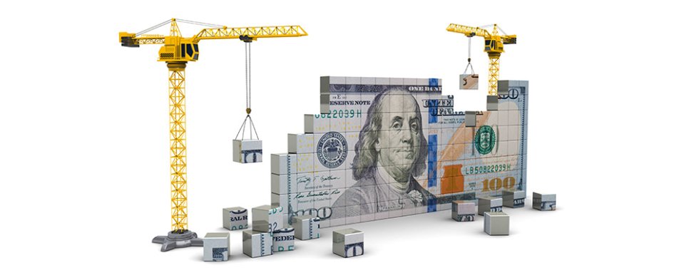 Toy construction equipment building $100 bill from bricks 