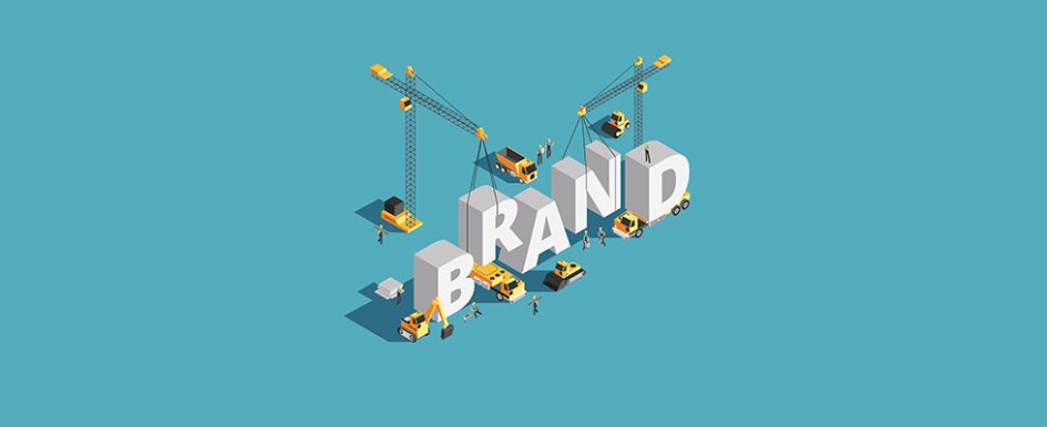 Illustration of construction equipment building the word "brand"