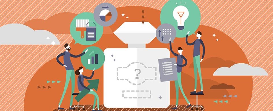 Illustration of people thinking of paintbrushes, lightbulbs, graphs