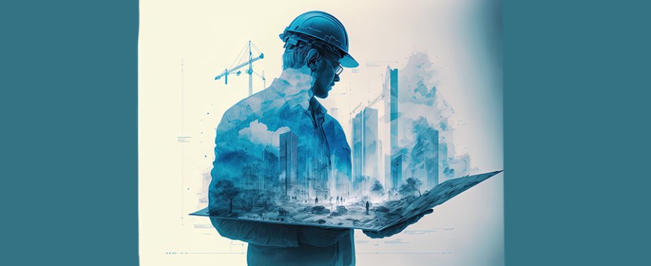 Illustration of man with hard hat holding a diagram with 3D building superimposed on him