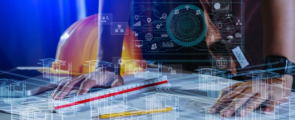Image of hands on a desk with hard hat and ruler; illustration of tech symbols rising above it