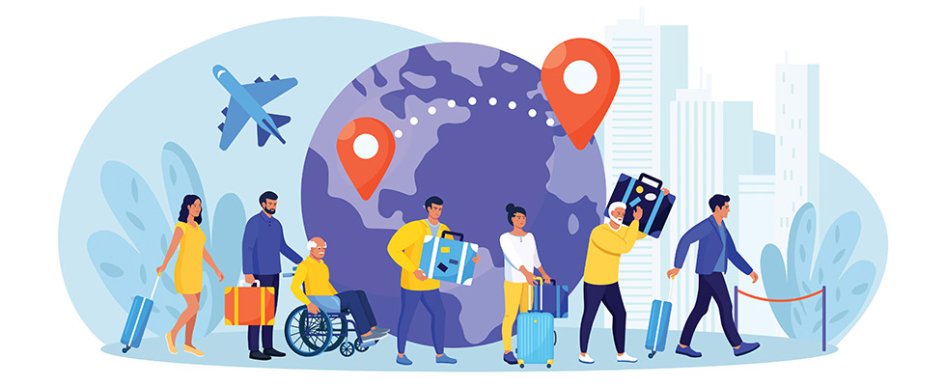 People in line holding luggage with globe and airplane in the background to illustrate migration trends
