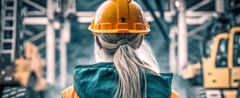 View from behind: a woman with blonde ponytail, orange hard hat, and orange and turquoise vest with machines in background