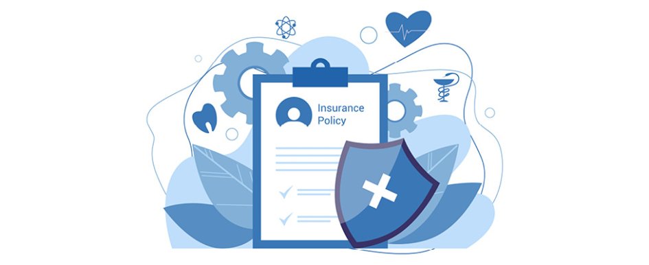 A graphic design of a clipboard with a page that says "insurance policy," and includes leaves, a shield with a cross on it, gears and scientific symbols. The image is varying shades of blue. 