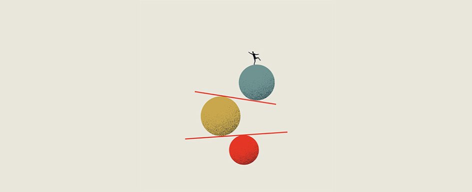 illustration of man balancing on ball balanced on beam 