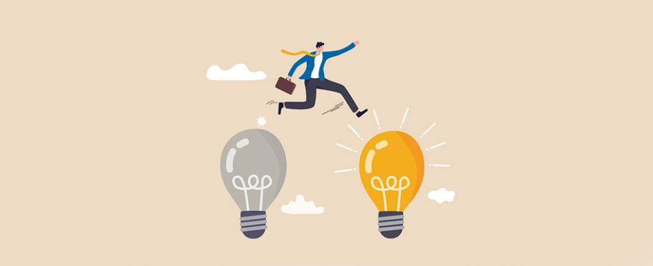 Cartoon of man jumping over light bulb 